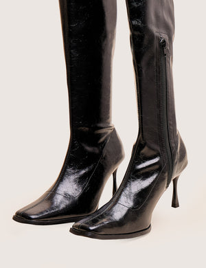 Scorpion Cracked Black Mid Heel Sock Knee High Boots