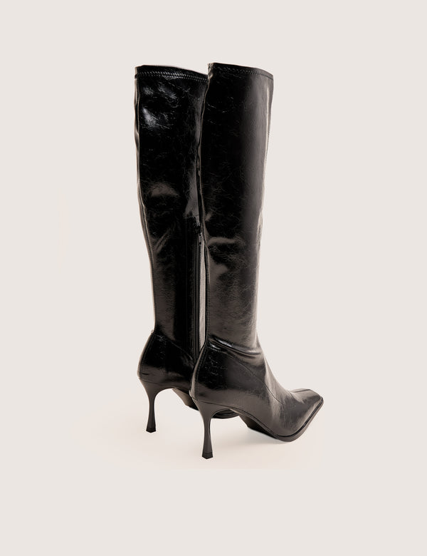 Scorpion Cracked Black Mid Heel Sock Knee High Boots