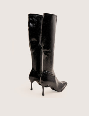 Scorpion Cracked Black Mid Heel Sock Knee High Boots