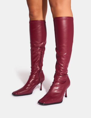 Scorpion Cracked Burgundy Mid Heel Sock Knee High Boots Public Desire
