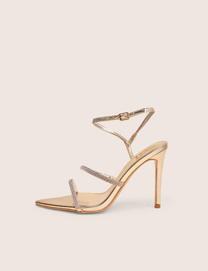 Seductive Gold Mirror Pu Diamante Strap Pointed Toe Stiletto High Heels