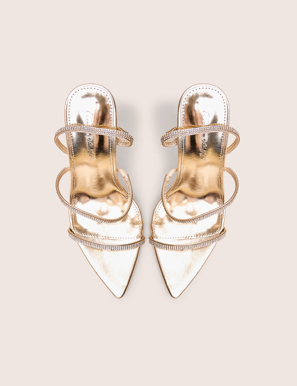 Seductive Gold Mirror Pu Diamante Strap Pointed Toe Stiletto High Heels
