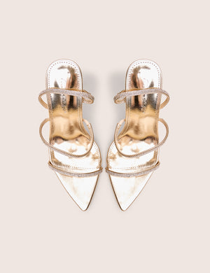 Seductive Gold Mirror Pu Diamante Strap Pointed Toe Stiletto High Heels
