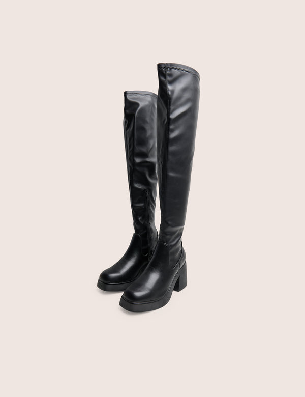 Sensored Black Chunky Sole Sock Over the Knee Boots