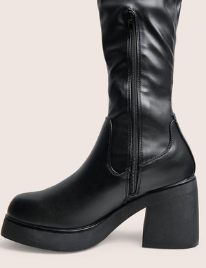 Sensored Black Chunky Sole Sock Over the Knee Boots