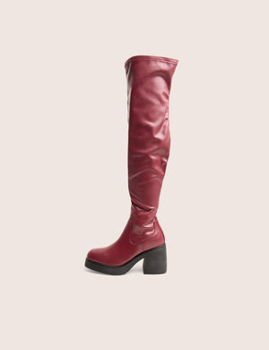 Sensored Burgundy Chunky Sole Sock Over the Knee Boots