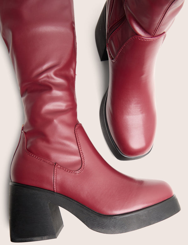 Sensored Burgundy Chunky Sole Sock Over the Knee Boots