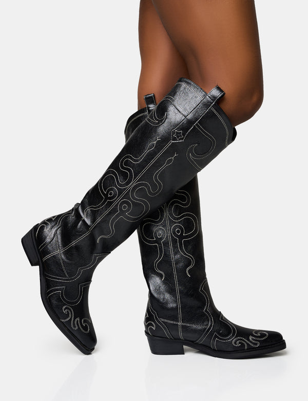 Serpentine Black Snake Embroidered Flat Knee High Western Boots