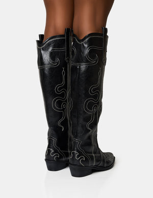 Serpentine Black Snake Embroidered Flat Knee High Western Boots