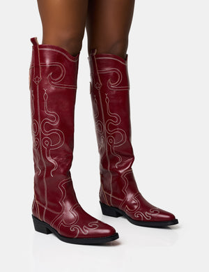 Serpentine Burgundy Wide Fit Embroidered Flat Knee High Western Boots Public Desire