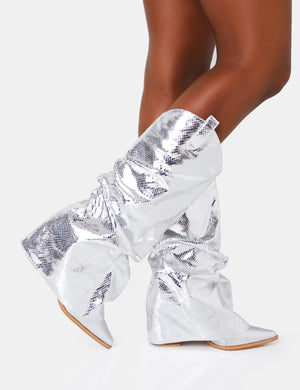 Sheriff Silver Metallic Western Fold Over Block Cowboy Knee High Boots