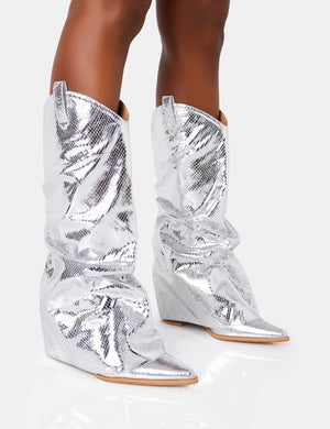 Sheriff Silver Metallic Snake Pu Western Inspired Fold Over Pointed Toe Block Cowboy Knee High Boots