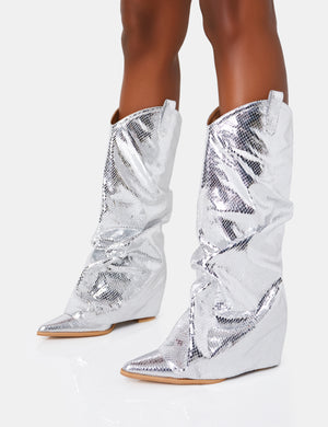 Sheriff Silver Metallic Snake Pu Western Inspired Fold Over Pointed Toe Block Cowboy Knee High Boots