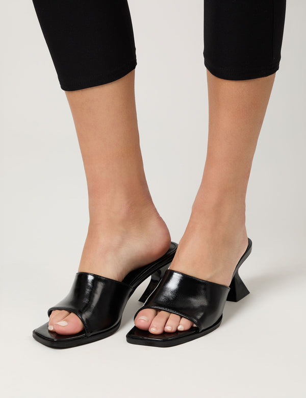 Romi Black Patent Mule Square Toe Flared Block Mid Heels