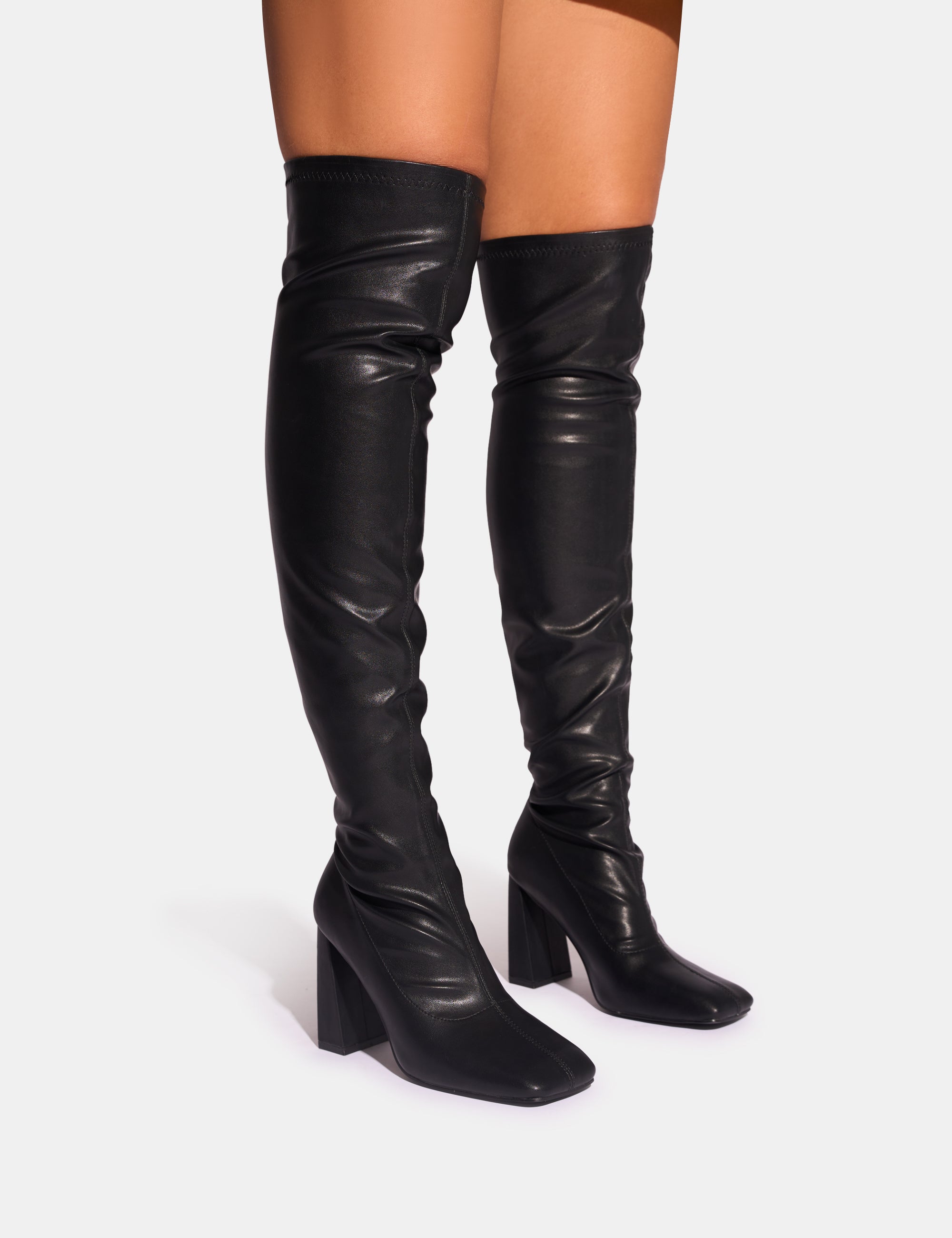 Showoff Black Pu Block Heel Over the Knee Boots Public Desire