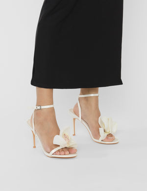 Smitten Ivory Satin Lily Flower Barely There High Heels
