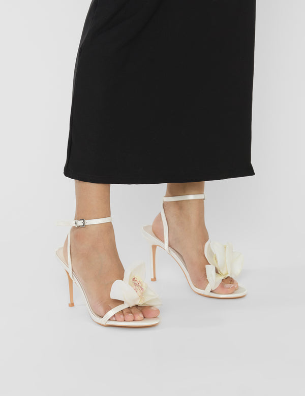 Smitten Ivory Satin Lily Flower Barely There High Heels