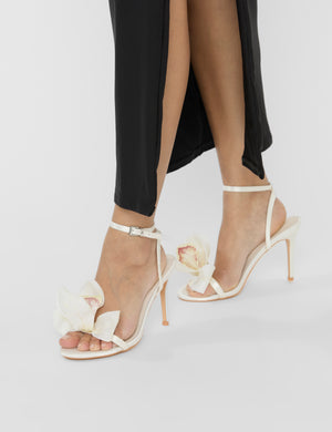 Smitten Ivory Satin Lily Flower Barely There High Heels