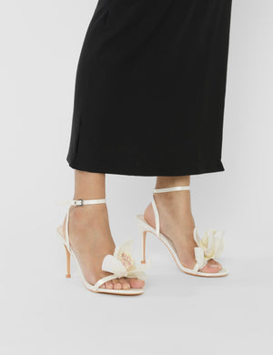 Smitten Ivory Satin Lily Flower Barely There High Heels