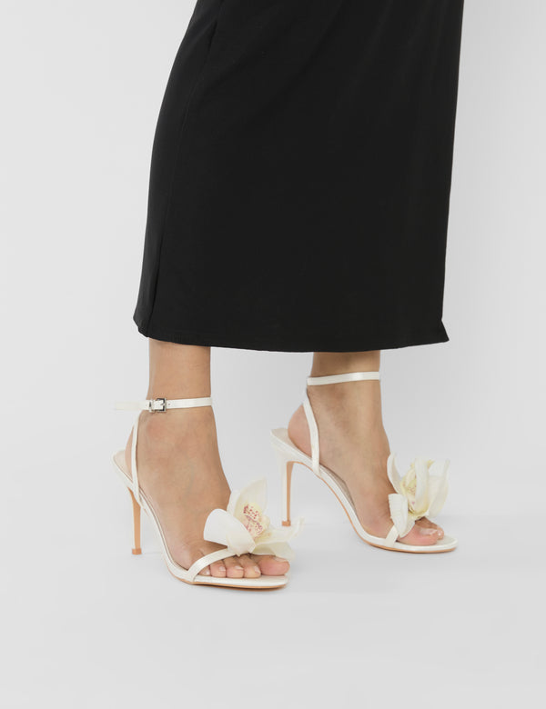 Smitten Ivory Satin Lily Flower Barely There High Heels