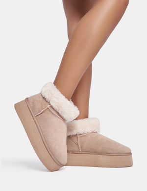 Snowdrop Light Beige Fur Faux Suede Ultra Mini Ankle Platform Boots