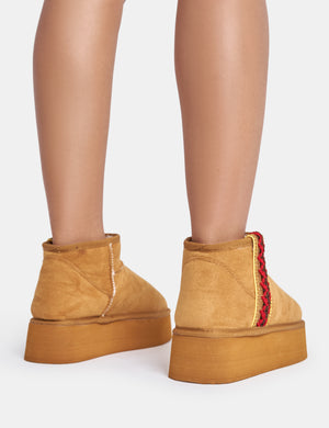 Snowfall Light Chestnut Faux Suede Aztec Trim Ultra Mini Ankle Platform Boots