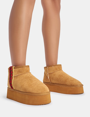 Snowfall Light Chestnut Faux Suede Aztec Trim Ultra Mini Ankle Platform Boots