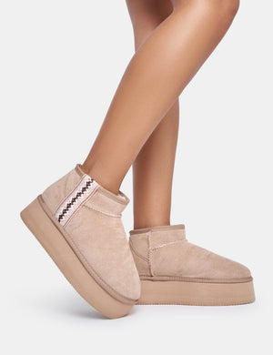 Snowfall Light Beige Faux Suede Aztec Trim Ultra Mini Ankle Platform Boots