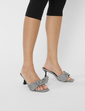 Soleil Black Gingham Bow Mule Square Toe Mid Heels