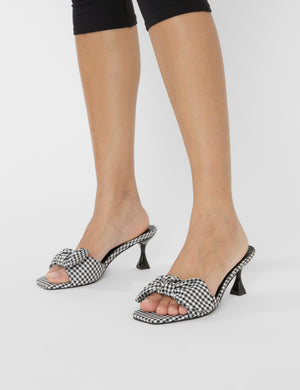 Soleil Black Gingham Bow Mule Square Toe Mid Heels