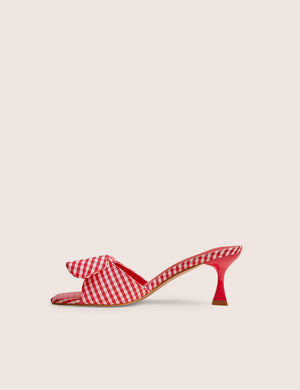 Soleil Red Gingham Bow Mule Square Toe Mid Heels