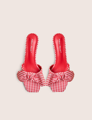 Soleil Red Gingham Bow Mule Square Toe Mid Heels