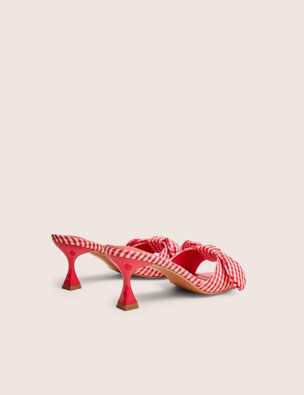 Soleil Red Gingham Bow Mule Square Toe Mid Heels