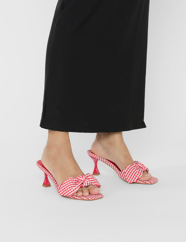 Soleil Red Gingham Bow Mule Square Toe Mid Heels