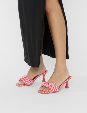 Soleil Red Gingham Bow Mule Square Toe Mid Heels