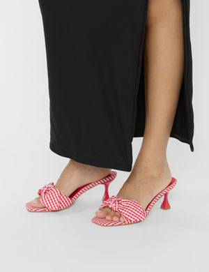 Soleil Red Gingham Bow Mule Square Toe Mid Heels