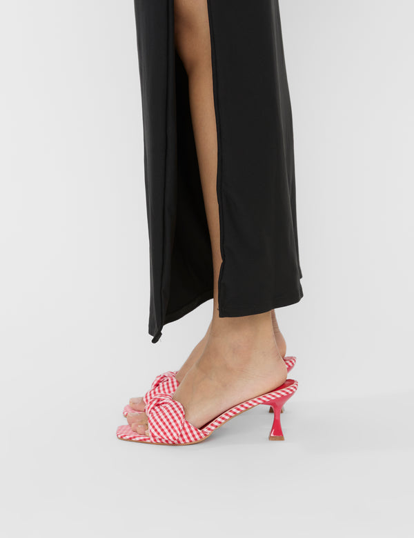 Soleil Red Gingham Bow Mule Square Toe Mid Heels