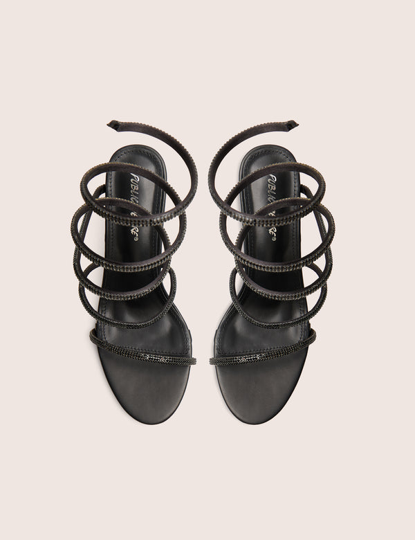 Spiral Black Diamante Wrap Around Ankle Mid Heels