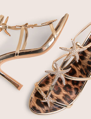 Starburst Gold Mirror Pu Starfish Detail Leopard Stiletto High Heels