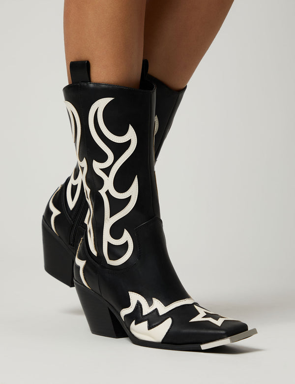 Starrie Black Pu Metal Square Toe Heeled Western Cowboy Ankle Boots