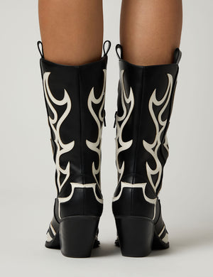 Starrie Black Pu Metal Square Toe Heeled Western Cowboy Ankle Boots