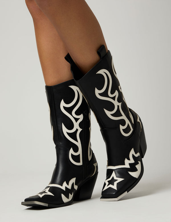 Starrie Black Pu Metal Square Toe Heeled Western Cowboy Ankle Boots