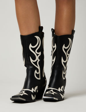 Starrie Black Pu Metal Square Toe Heeled Western Cowboy Ankle Boots