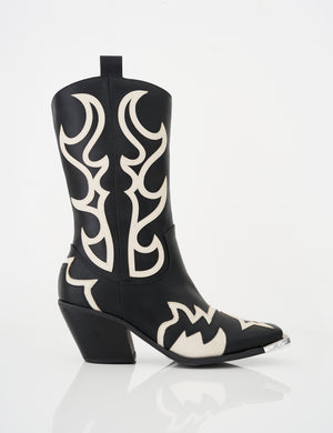Starrie Black Pu Metal Square Toe Heeled Western Cowboy Ankle Boots
