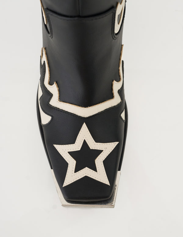 Starrie Black Pu Metal Square Toe Heeled Western Cowboy Ankle Boots