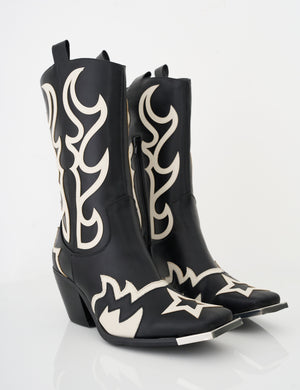 Starrie Black Pu Metal Square Toe Heeled Western Cowboy Ankle Boots