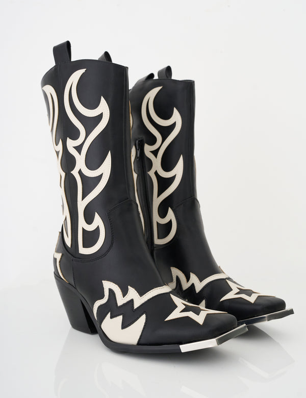 Starrie Black Pu Metal Square Toe Heeled Western Cowboy Ankle Boots