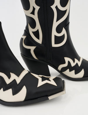 Starrie Black Pu Metal Square Toe Heeled Western Cowboy Ankle Boots