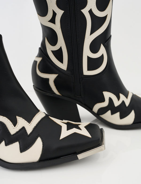 Starrie Black Pu Metal Square Toe Heeled Western Cowboy Ankle Boots