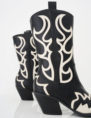 Starrie Black Pu Metal Square Toe Heeled Western Cowboy Ankle Boots